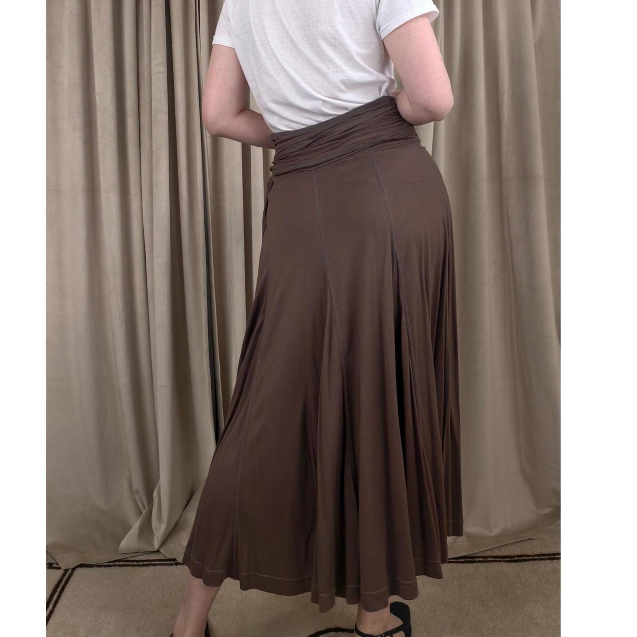 Lapis Brown Pleated Midi Skirt with Tie Waist