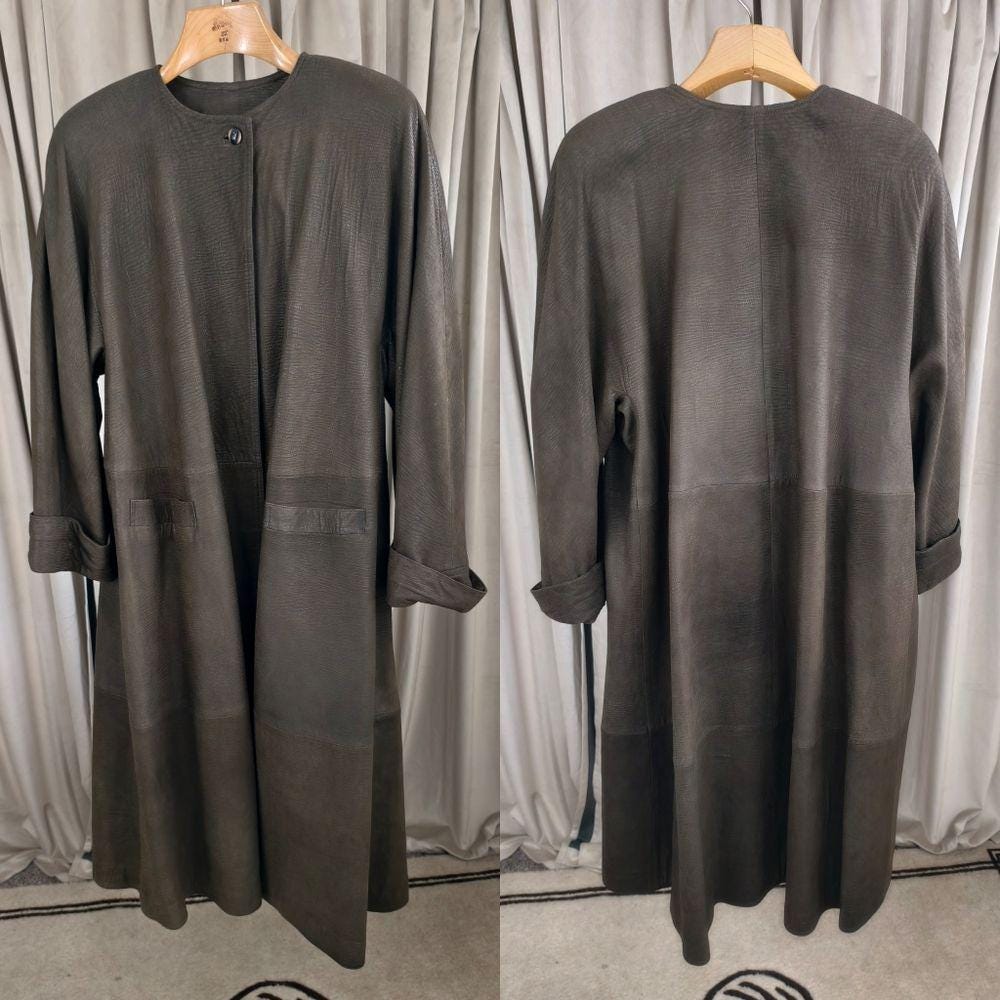 Vintage Mario Valentino Olive Khaki Green Long Leather Trench Coat Dress