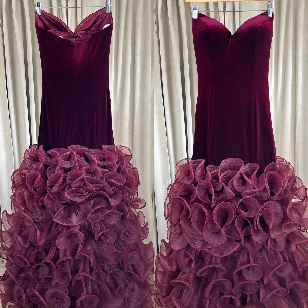 Vintage Jovani Strapless Velvet Burgundy Ruffle Mermaid Evening Gown Prom Dress