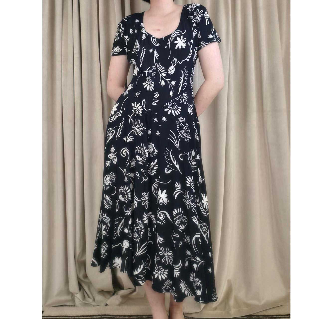 Vintage Nostalgia Black and White Doodle Floral Summer Dress