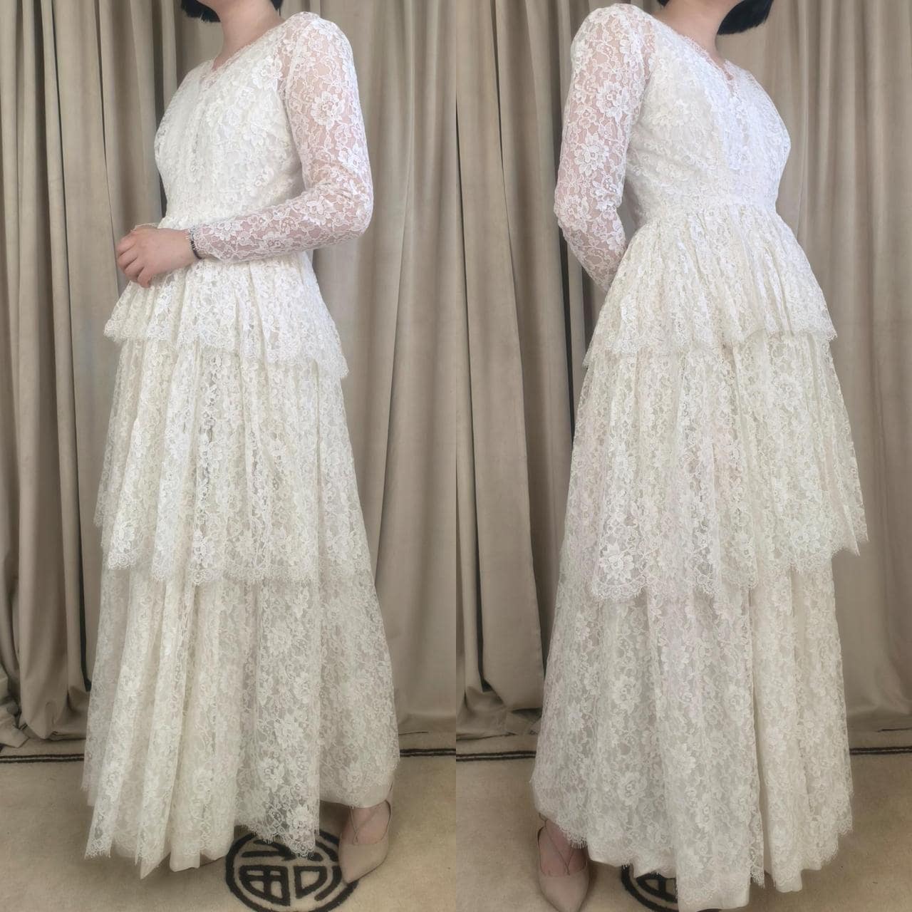 Vintage White Lace Wedding Gown Long Sleeve with Tiered Skirt