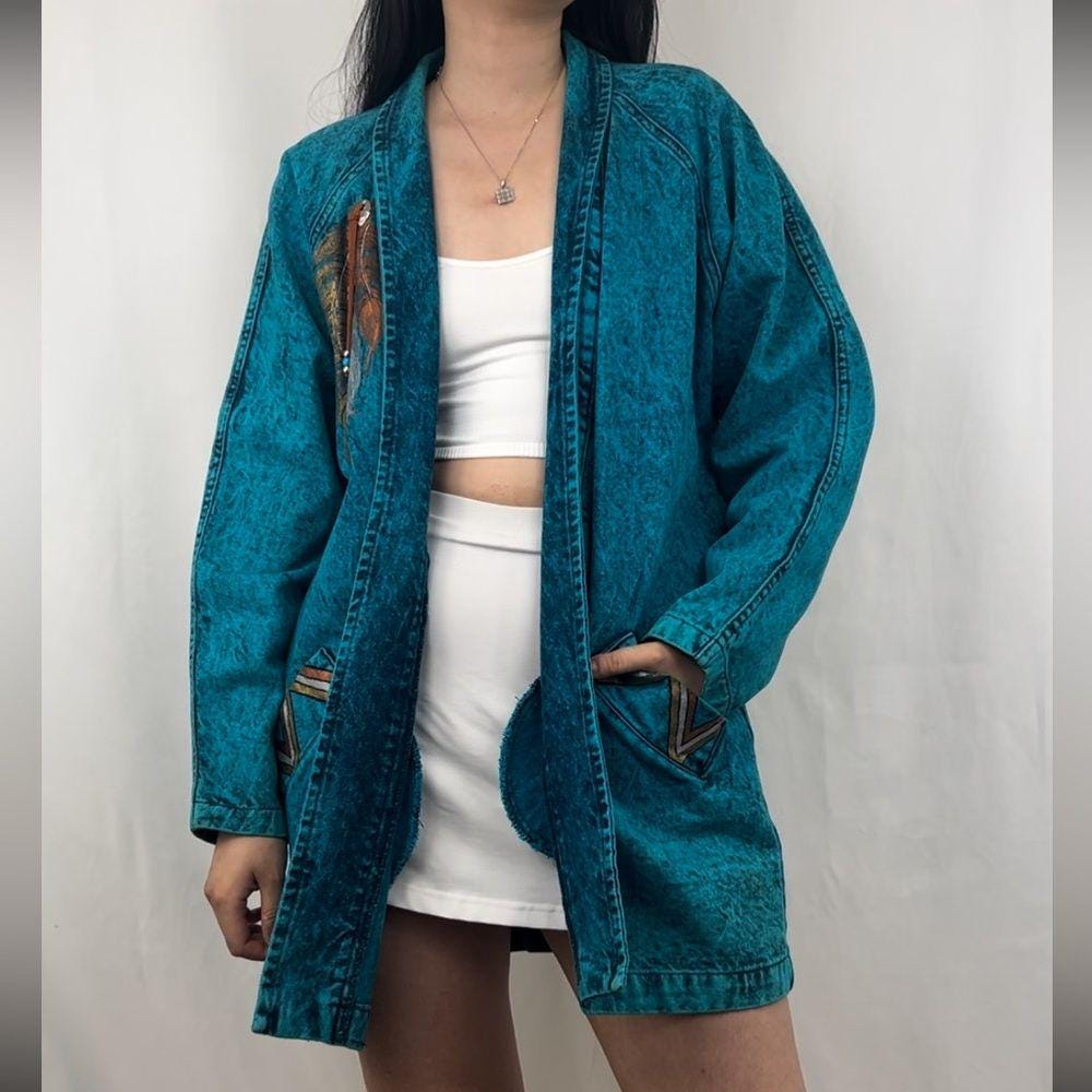 RARE! Vintage Sundance Hand Painted Indigenous Tribal Denim Long Jacket