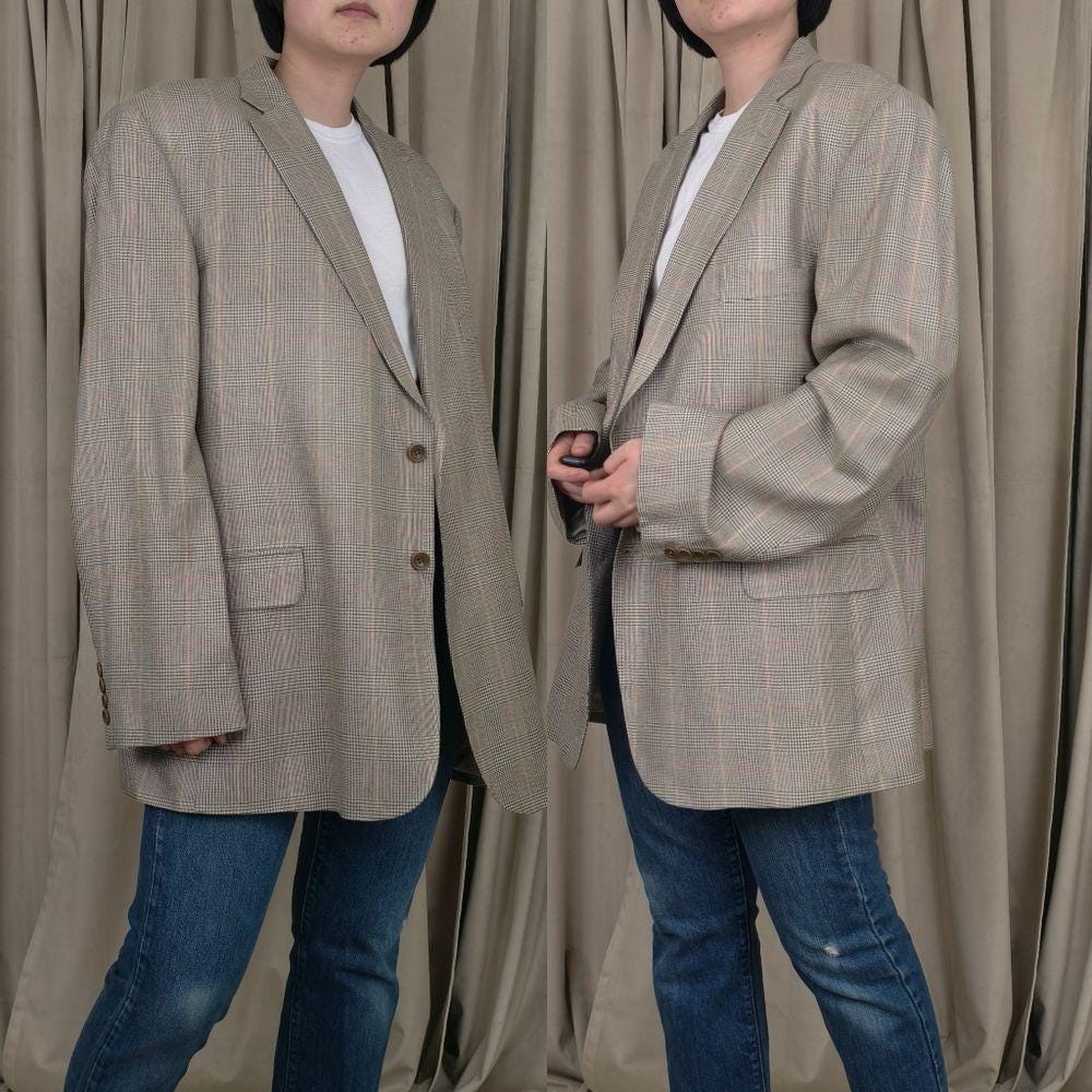 Vintage Classic Boyfriend Silk Blazer in Gray Plaid