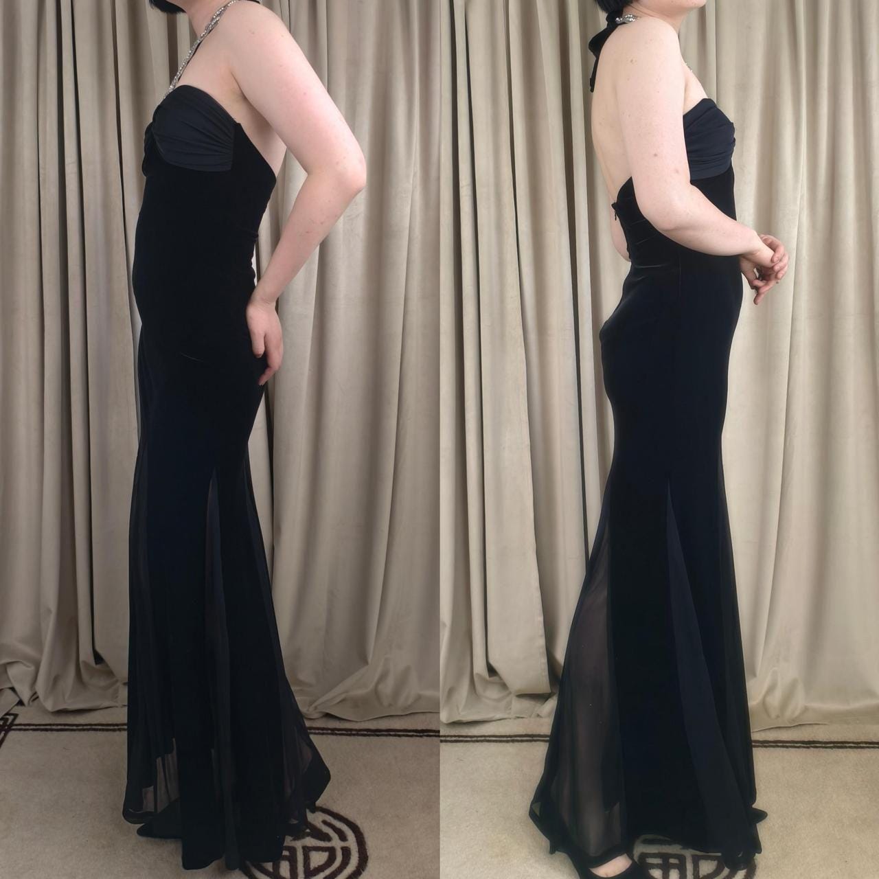 Betsy & Adam Black Velvet Halter Neck Maxi Dress Prom Gown