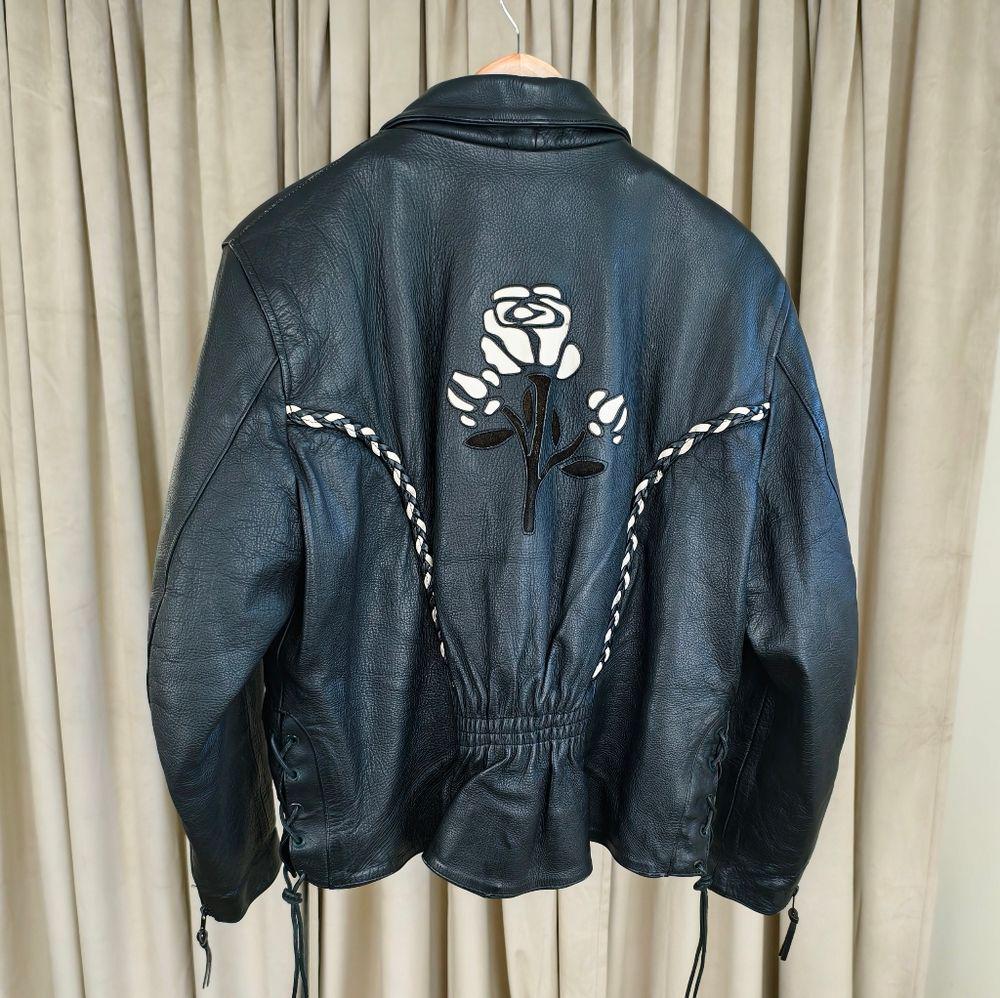 RARE Vintage UNIK Black Leather Biker Jacket with White Rose Floral Design