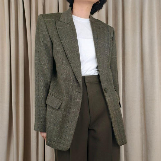 Vintage Wool Ellen Tracy Green Herringbone and Plaid Wool Blazer