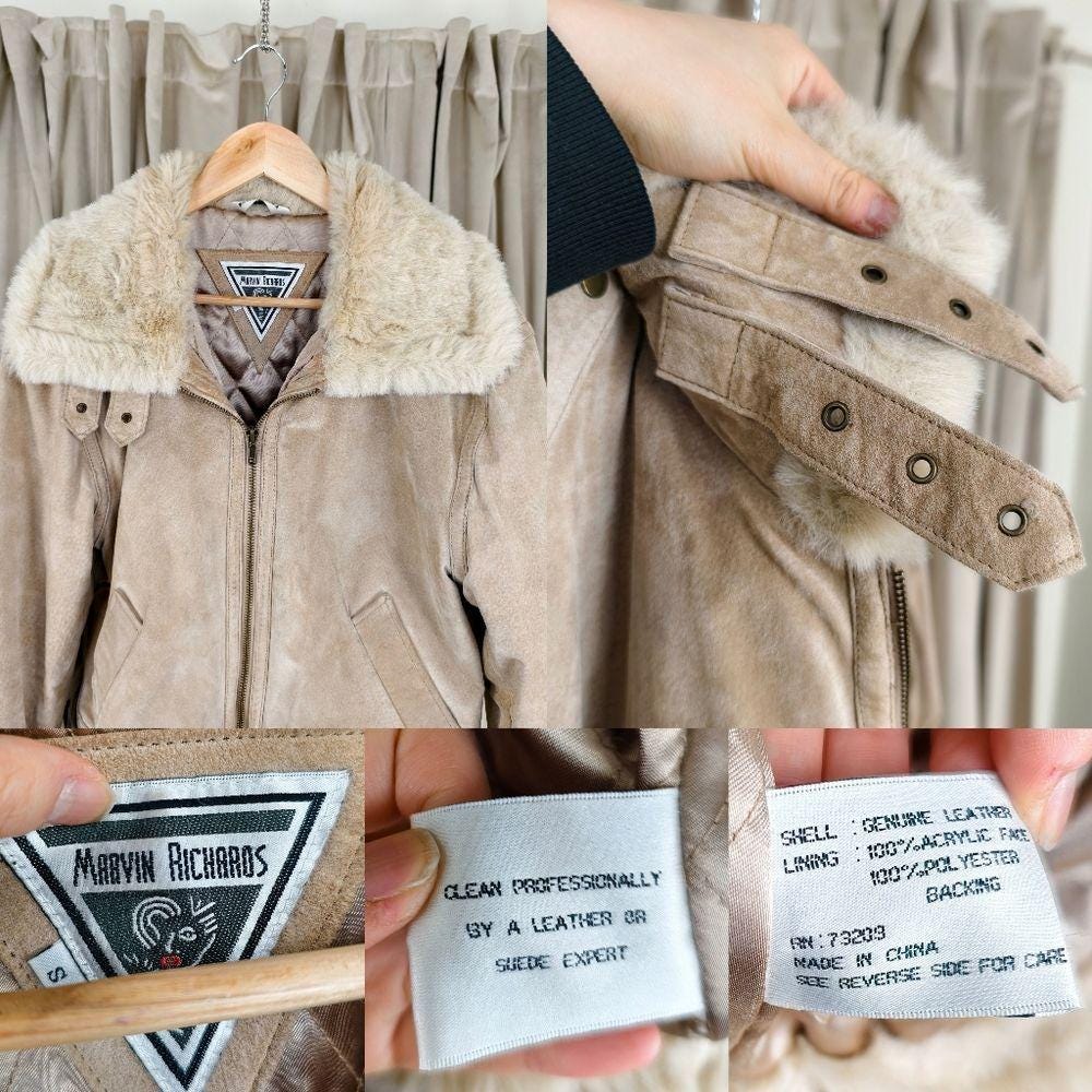 Vintage Marvin Richards Pennylane Cream and Tan Suede Jacket with Faux Fur Trim