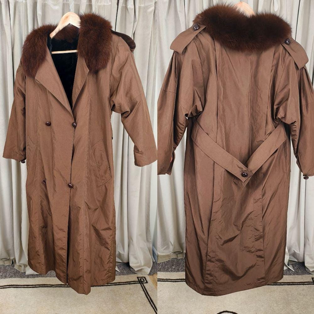Vintage Bronze Brown Fur-Trimmed and Lined Full Length Trench Coat