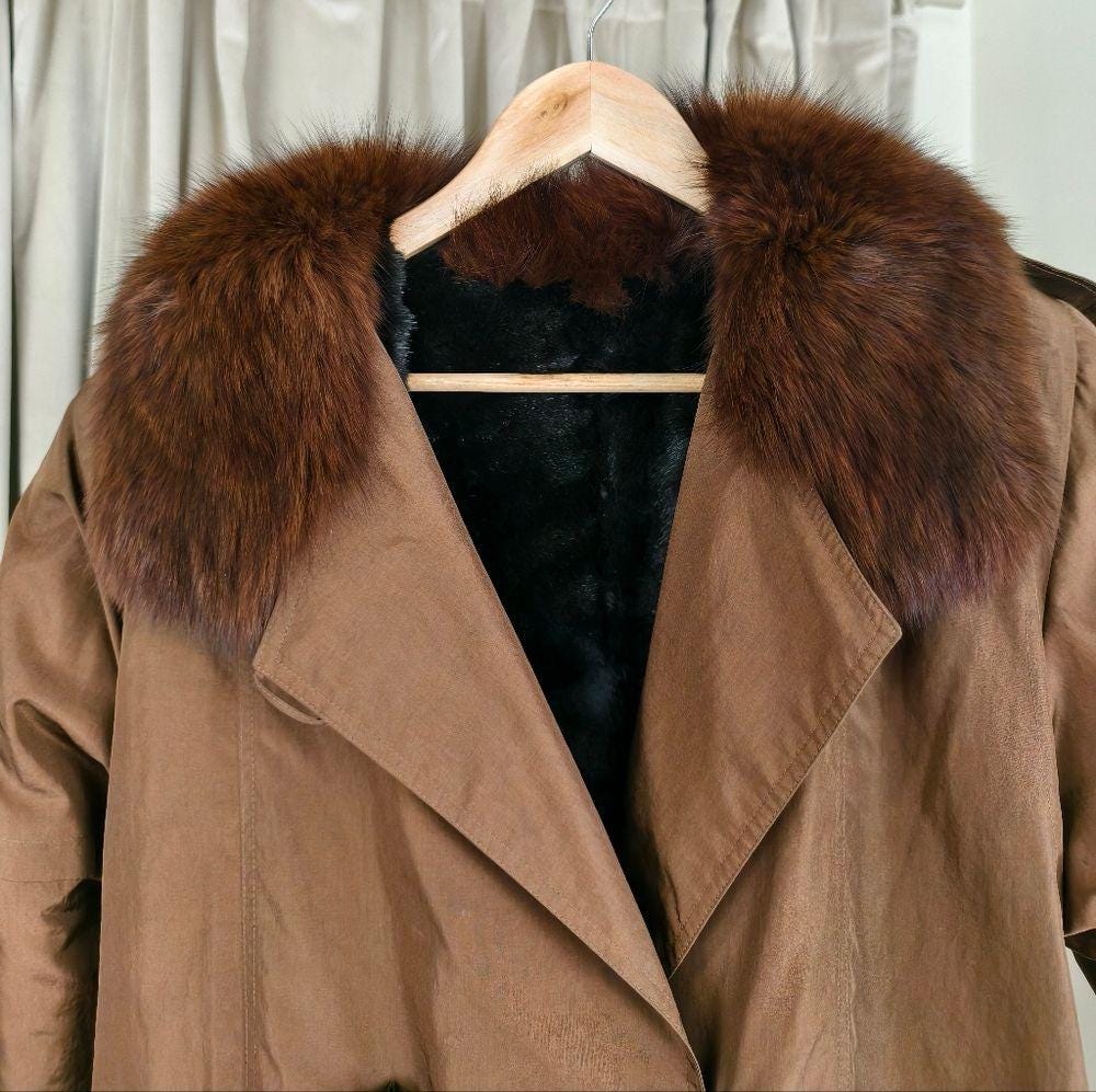 Vintage Bronze Brown Fur-Trimmed and Lined Full Length Trench Coat