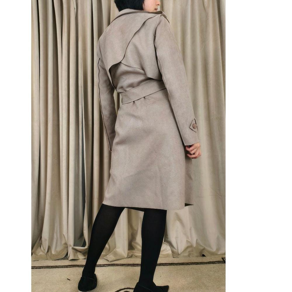 Vintage Beige Tan Two-Tone Faux Suede Belted Trench Coat