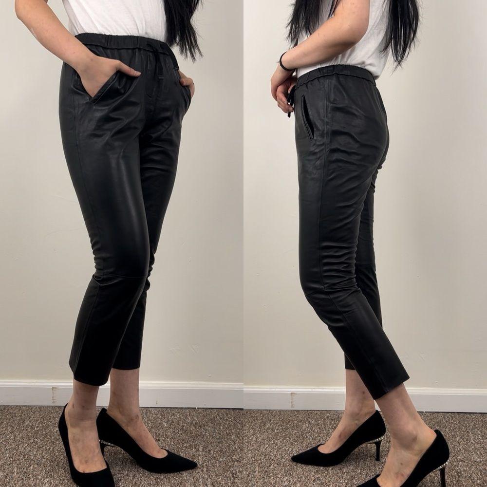 Vintage Black Lambskin Genuine Leather Sweatpants Trousers