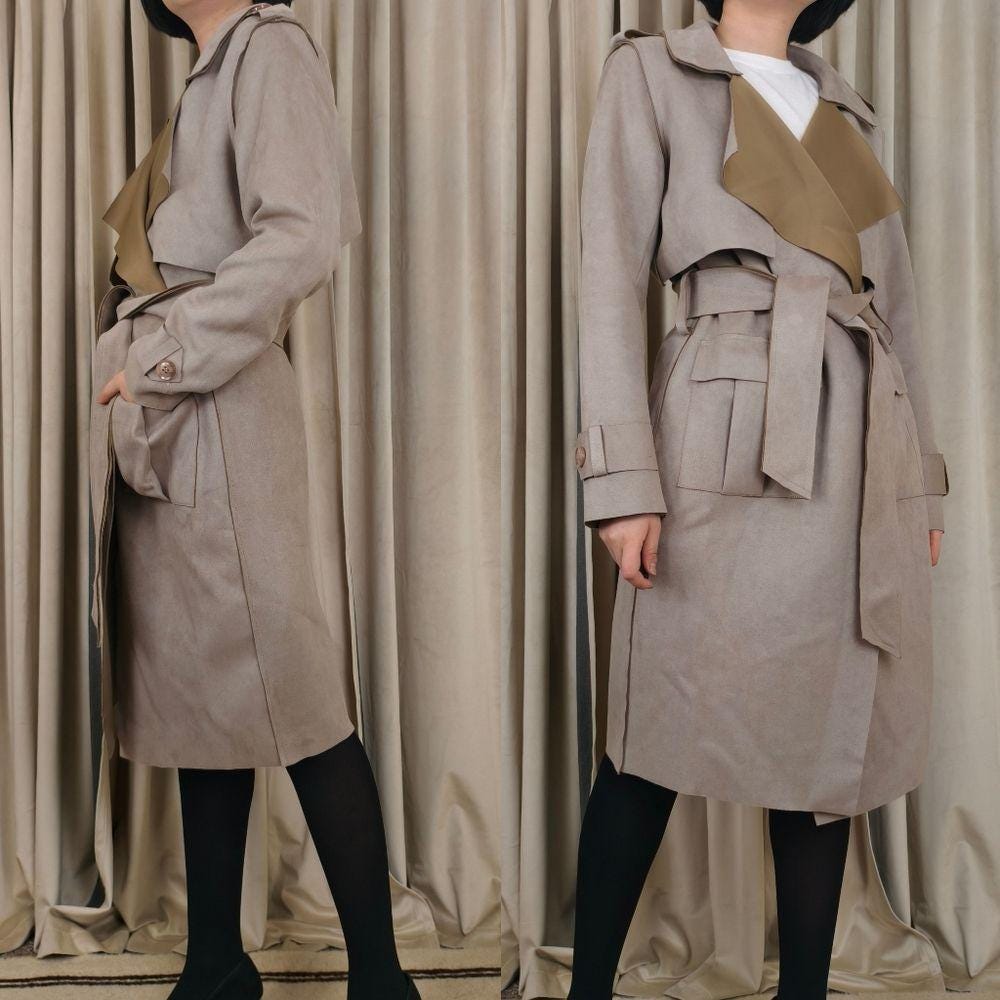 Vintage Beige Tan Two-Tone Faux Suede Belted Trench Coat