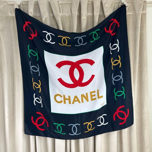 Vintage Chanel Silk Double C Logo Square Scarf