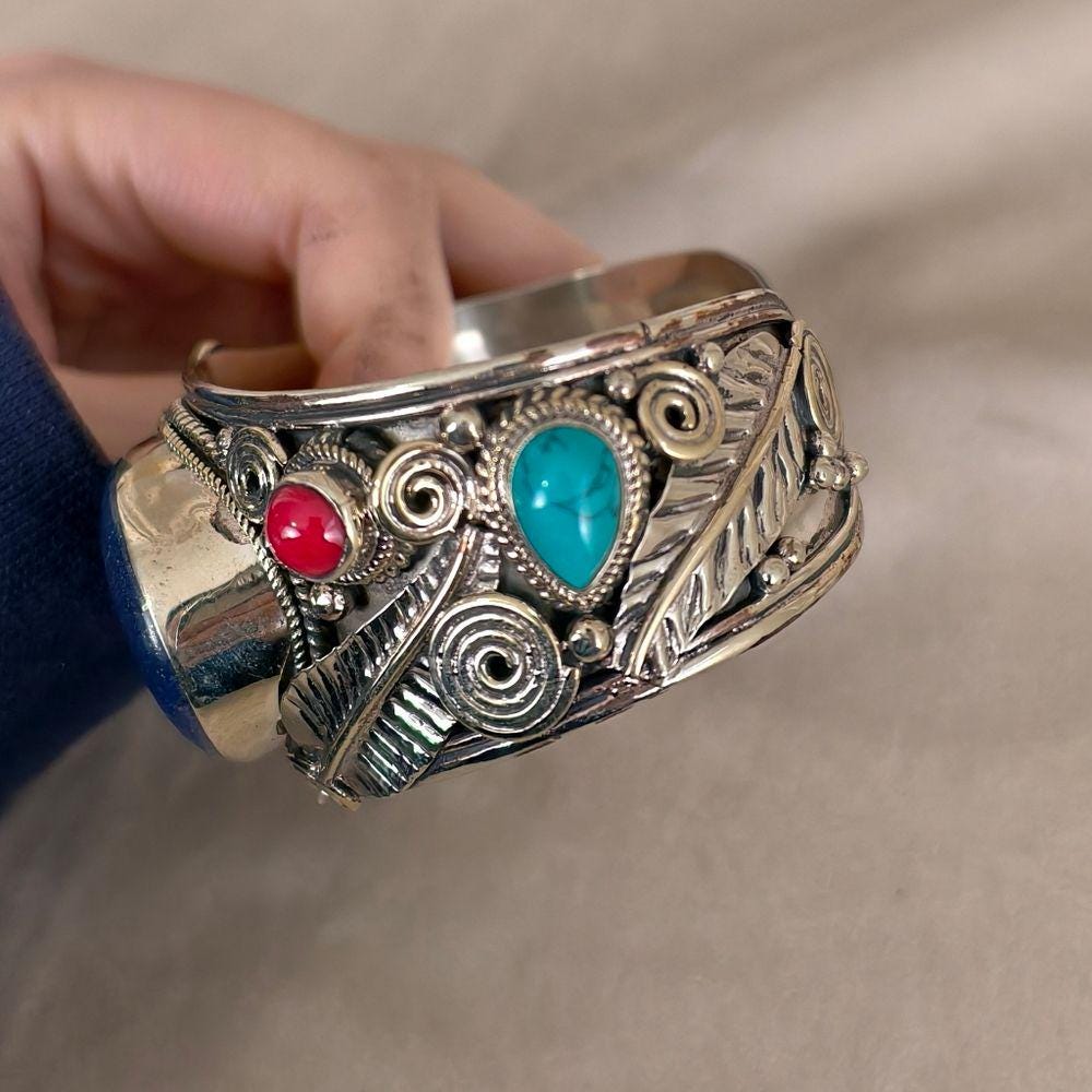 Antique Tibetan Sterling Silver and Blue Stone Lapis Lazuli Cuff Bracelet