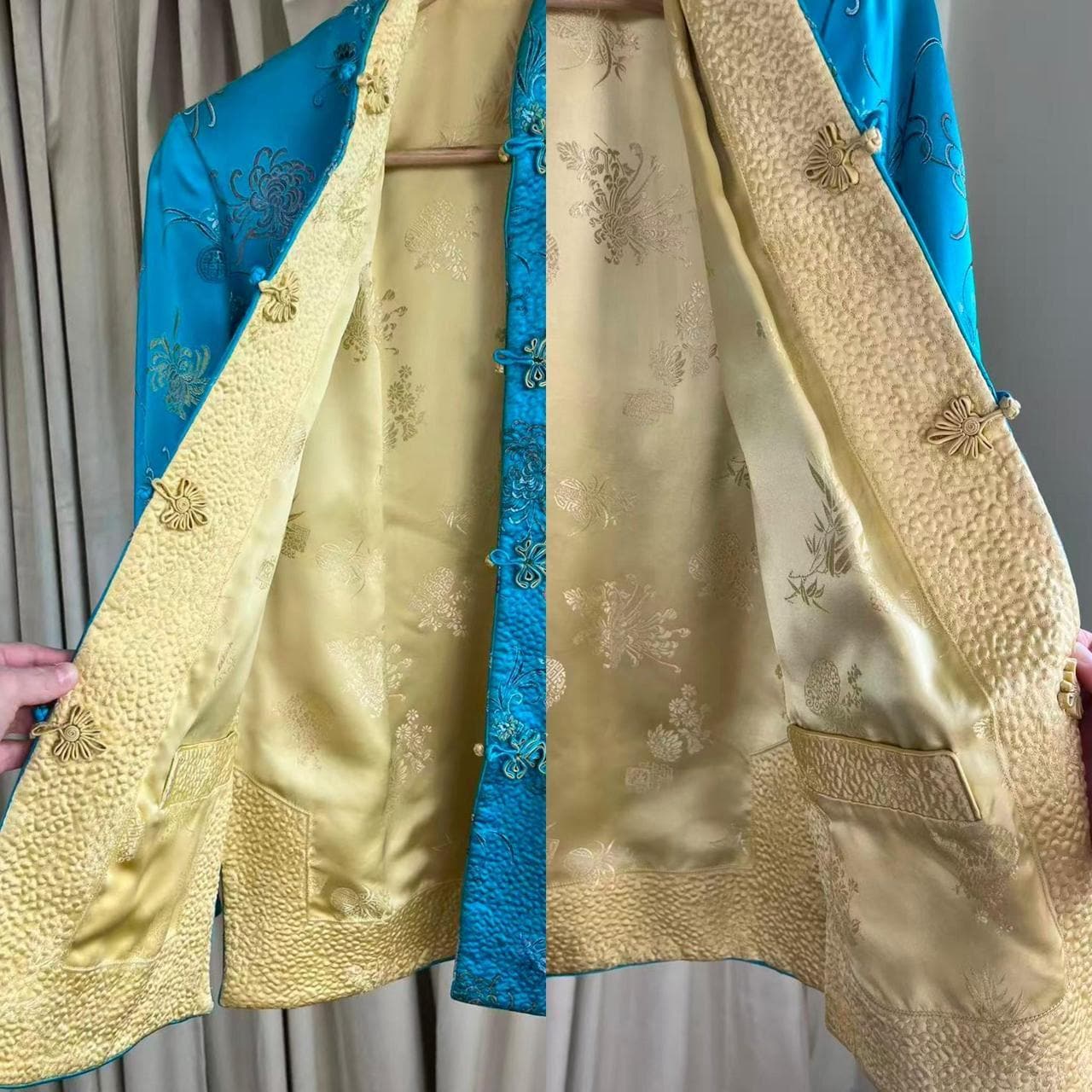 Vintage Asian Reversible Gold and Blue Embroidered Mandarin Tang Jacket