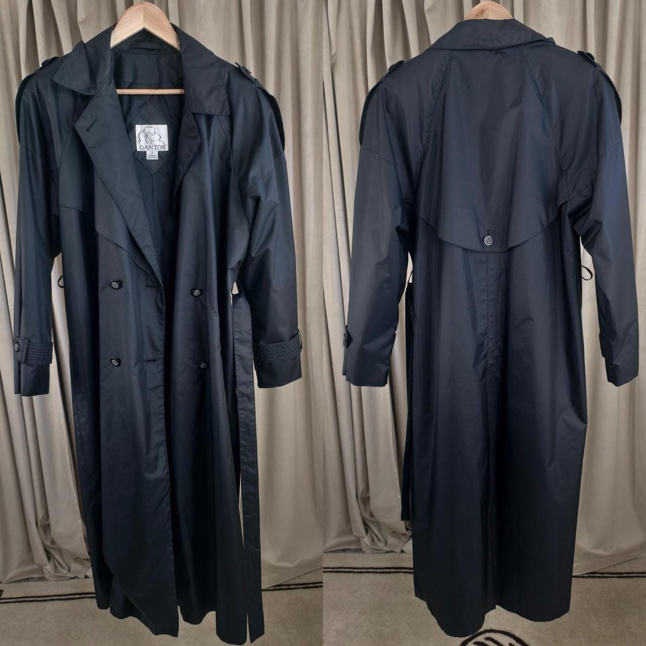 Vintage Gantos Full Length Black Trench Coat Rain Coat