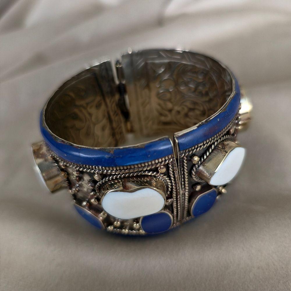 Antique Tibetan Sterling Silver Blue and White Handmade Bracelet