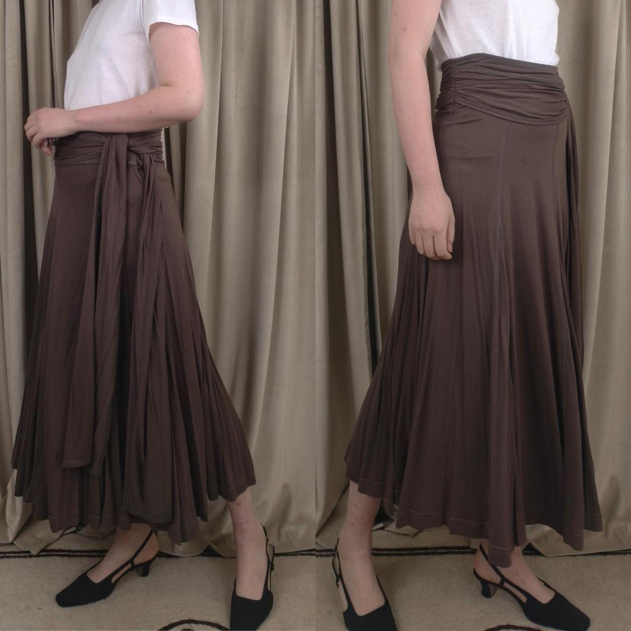 Lapis Brown Pleated Midi Skirt with Tie Waist