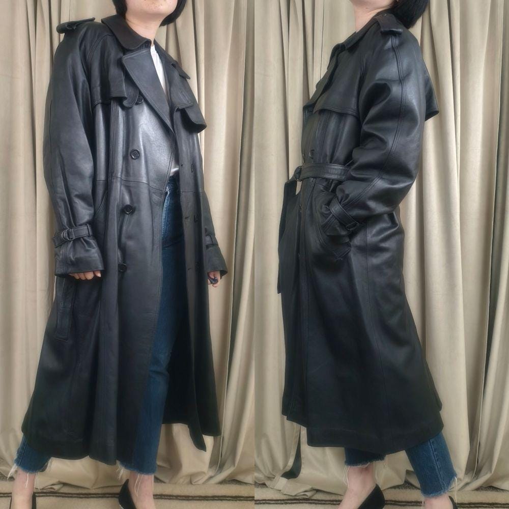 Vintage Black Genuine Leather Double Breasted Trench Coat