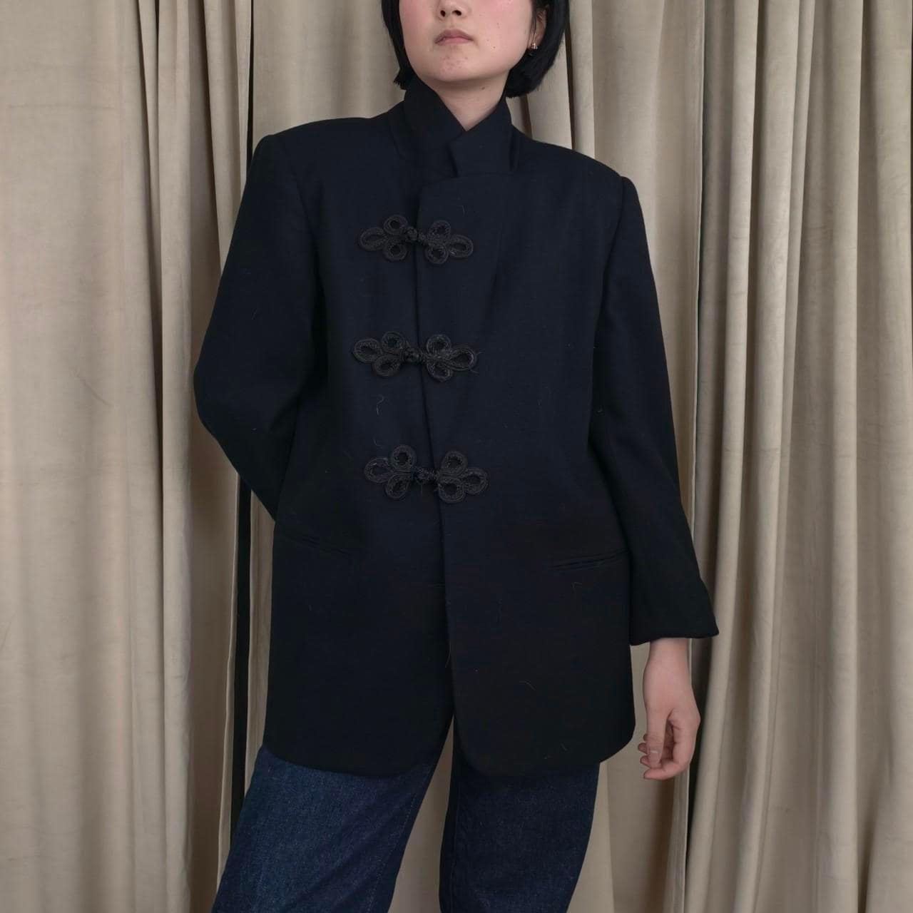 Reworked Vintage Black Wool Blazer Mandarin Tang Jacket