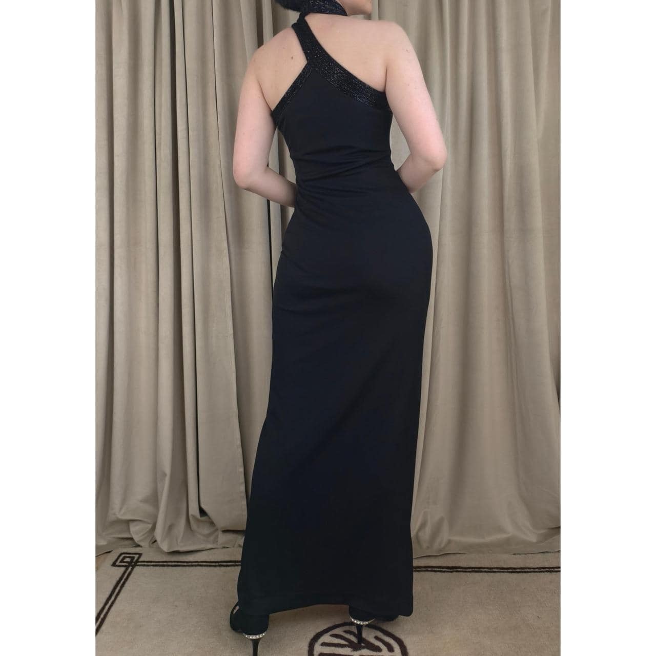 Vintage Cache Y2K Black Maxi Prom Dress Gown with Beaded halter Neck and Slit