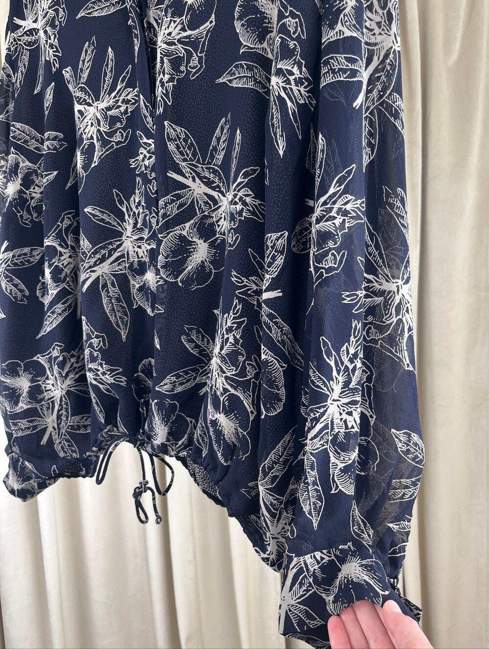 Vintage Dana Buchman 100% Silk Navy and White Floral Blouse