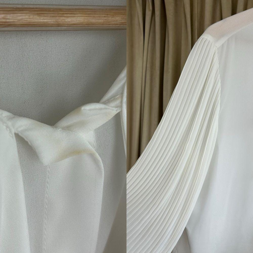 Tahari White Sheer Chiffon Blouse with Pleated Lantern Sleeves Bow Detail