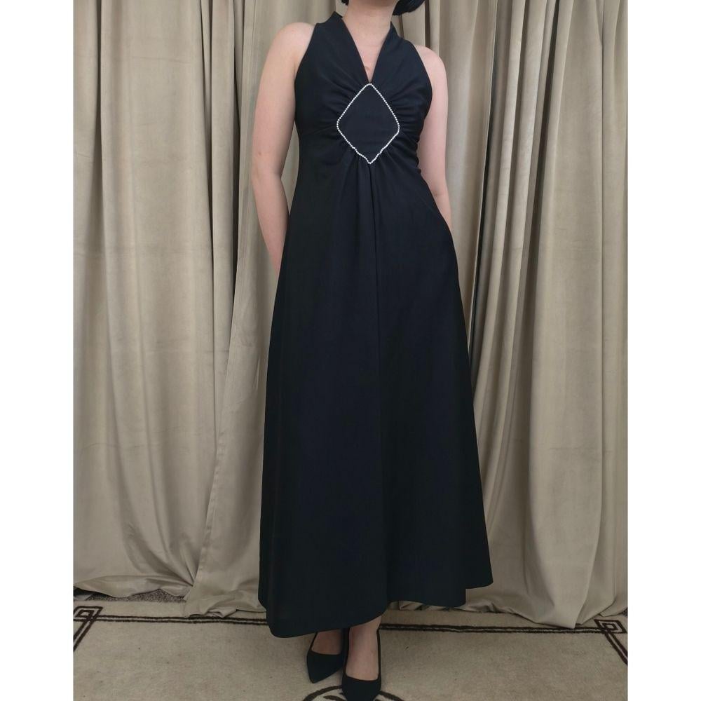 Vintage Black Sleeveless Halter Neck Maxi Dress with Beaded Accent