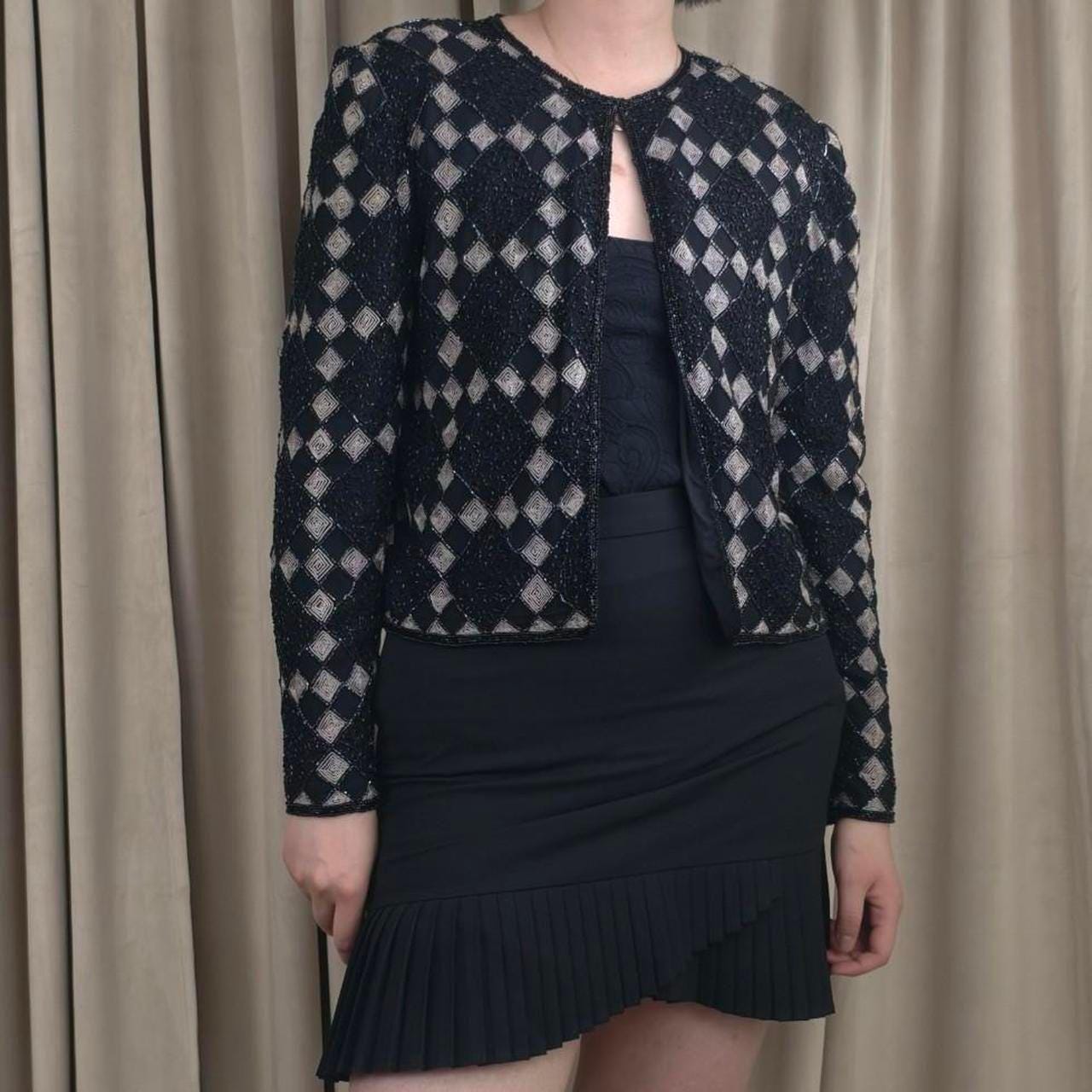 Vintage Black & Silver Beaded Evening Jacket with a Diamond Pattern