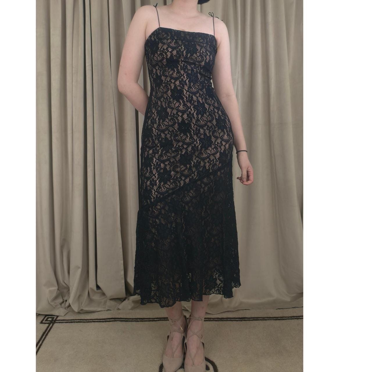 Vintage Black Lace Slip Drop Waist Dress with Spaghetti Straps