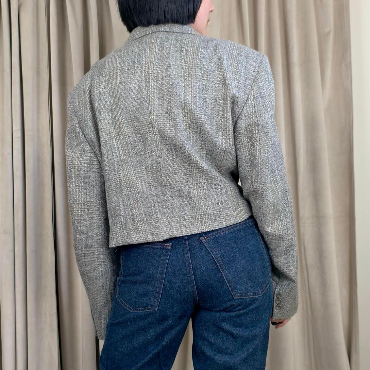Reworked Vintage Grey Cropped Tweed Blazer with Tie Detail