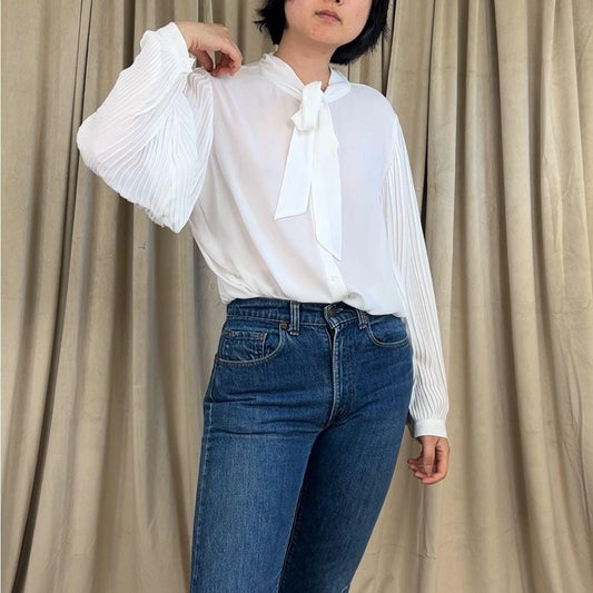 Tahari White Sheer Chiffon Blouse with Pleated Lantern Sleeves Bow Detail