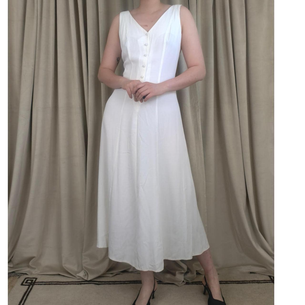 Vintage White Rayon Blend 70s White Dress with Button Front