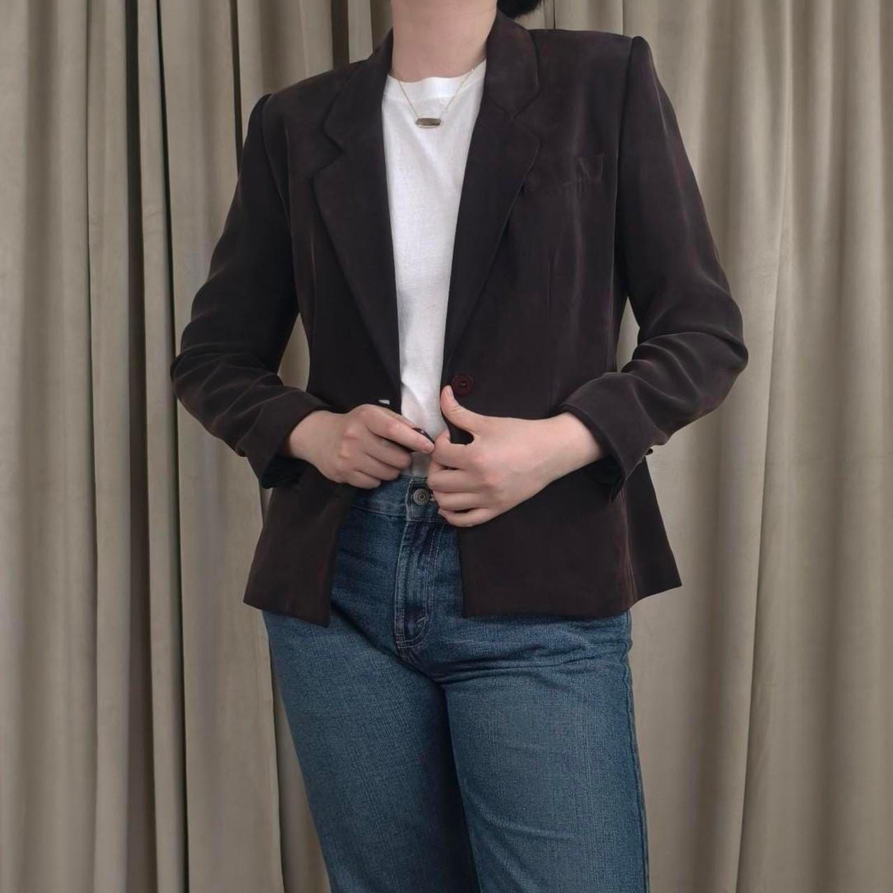 Vintage Cahus Brown Silk Cropped Fitted Blazer