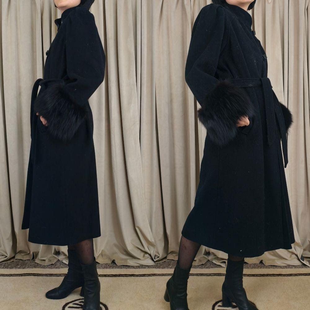 Vintage Capri Black Full Length Belted Wool Coat with Fox Fur Cuffs