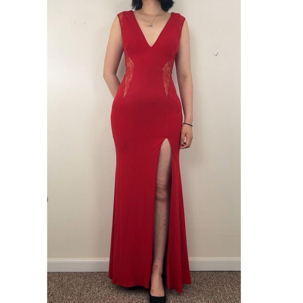 Jovani Elegant Red Evening Dress Gown with Lace Detailing