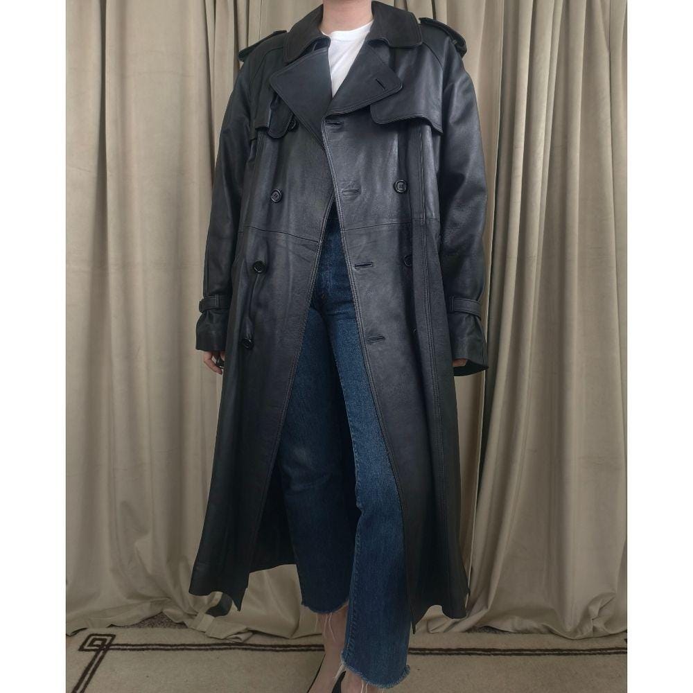 Vintage Black Genuine Leather Double Breasted Trench Coat