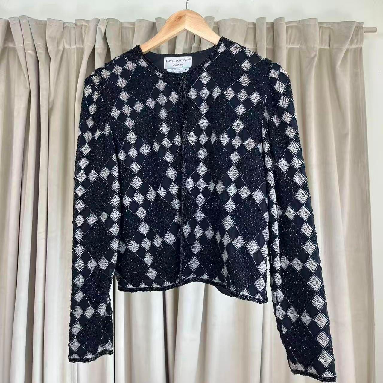 Vintage Black & Silver Beaded Evening Jacket with a Diamond Pattern