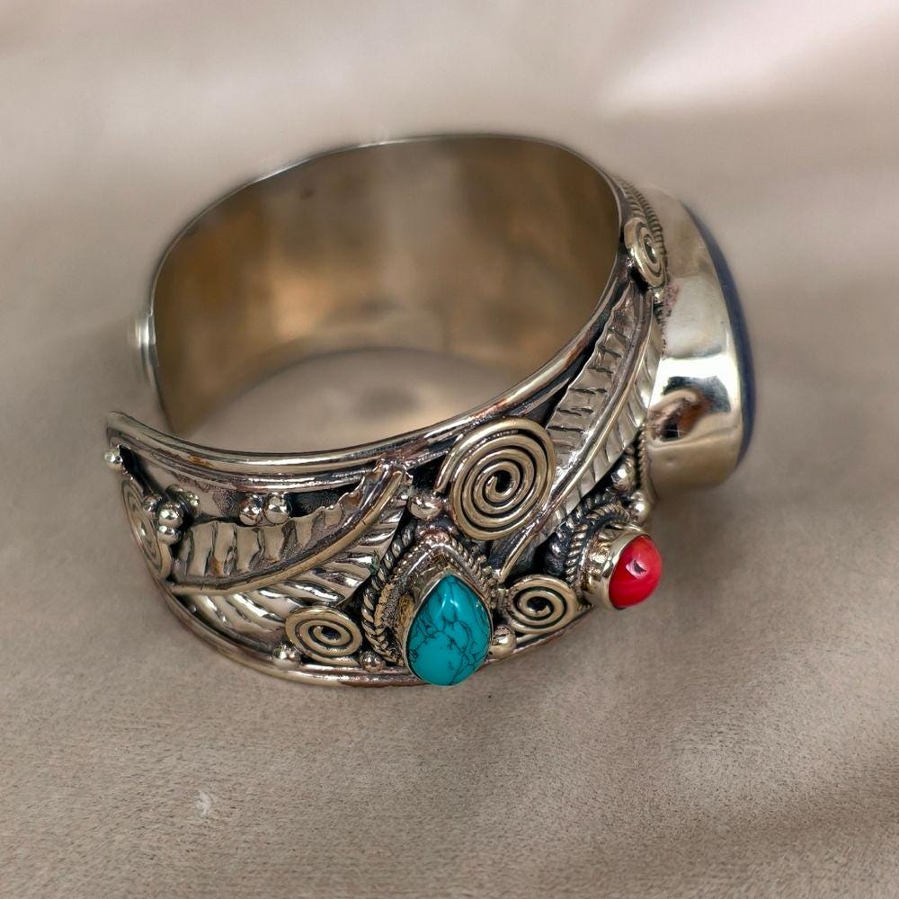 Antique Tibetan Sterling Silver and Blue Stone Lapis Lazuli Cuff Bracelet