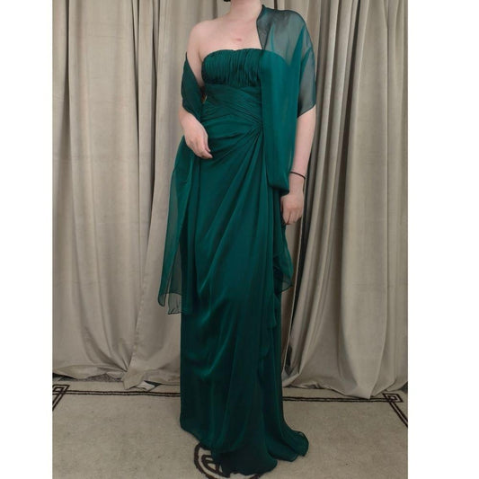 Teri Jon by Rikie Freeman Strapless Green Silk Evening Gown with Sheer Shawl