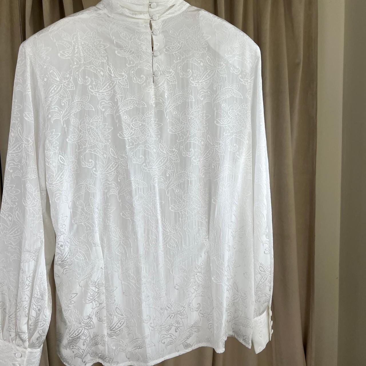 Vintage JH Collectible White Satin Embroidered Blouse