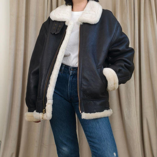 Vintage US Air Force Style Sheepskin Dark Brown Shearling Leather Jacket