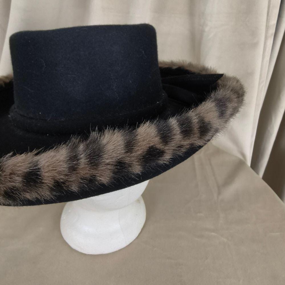 Vintage Black Wool Rimmed Hard Hat with Leopard Faux Fur Trim