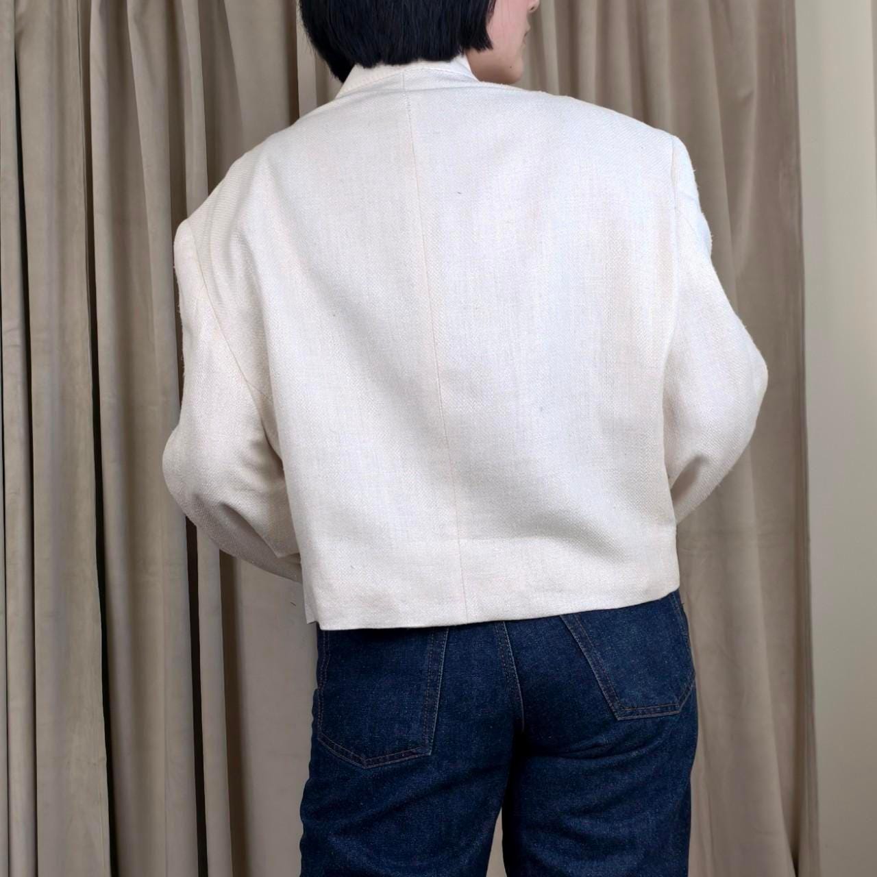 Reworked Vintage White Cropped Blazer Tang Mandarin Jacket