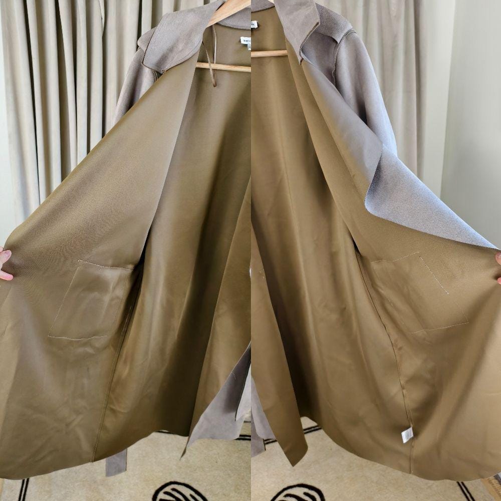 Vintage Beige Tan Two-Tone Faux Suede Belted Trench Coat