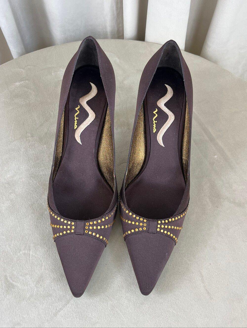 Vintage Mina Dark Brown Women's Pointed Toe Studded Satin Pumps