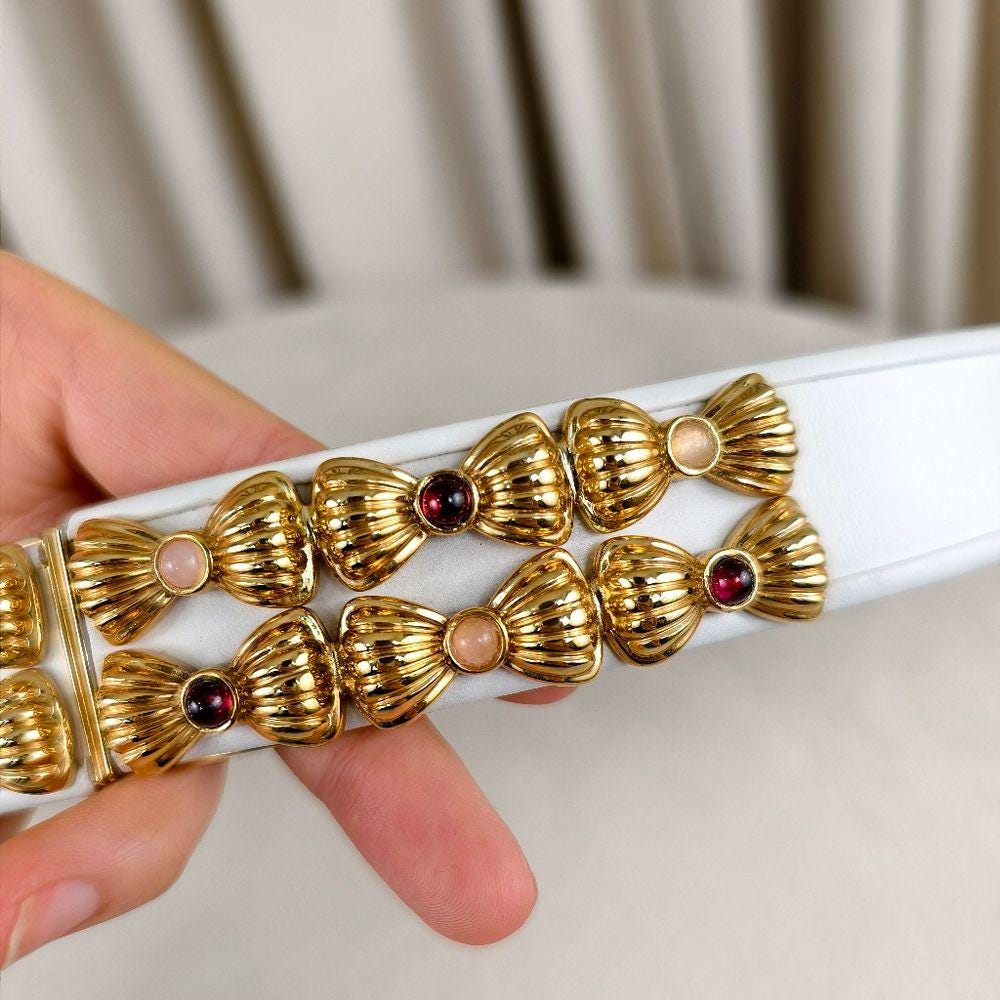 Vintage Judith Leiber Elegant White Belt with Gold Accents