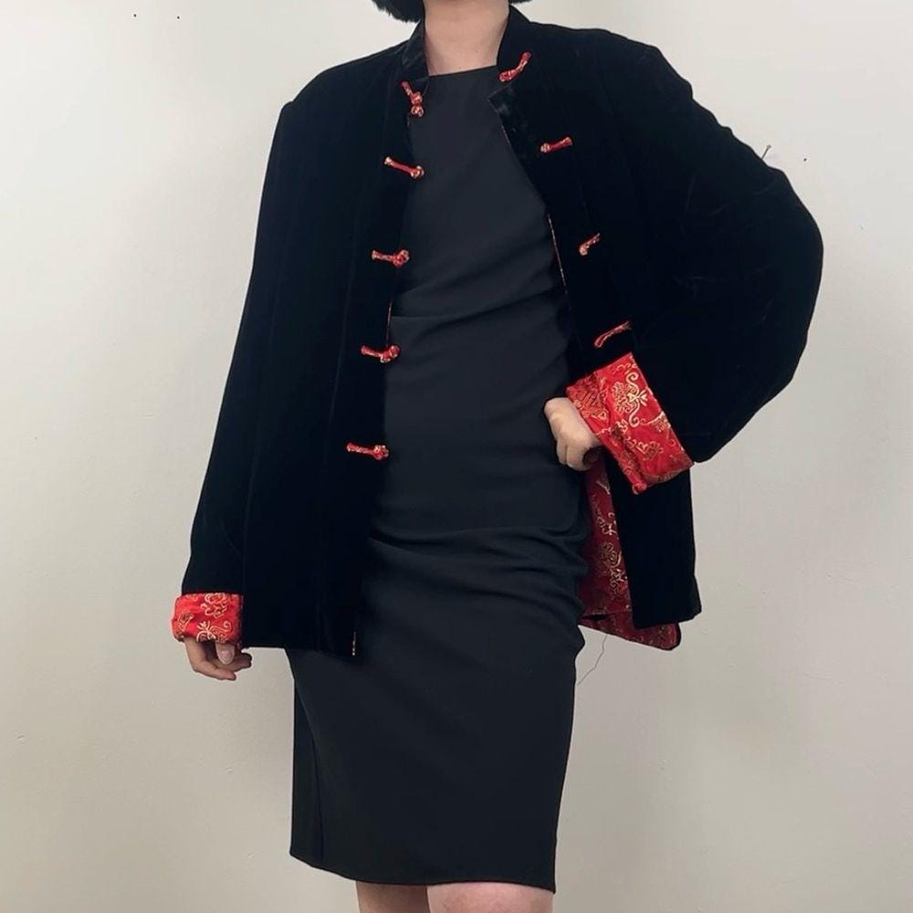 Vintage Red and Black Reversible Satin and Velvet Embroidered Asian Jacket