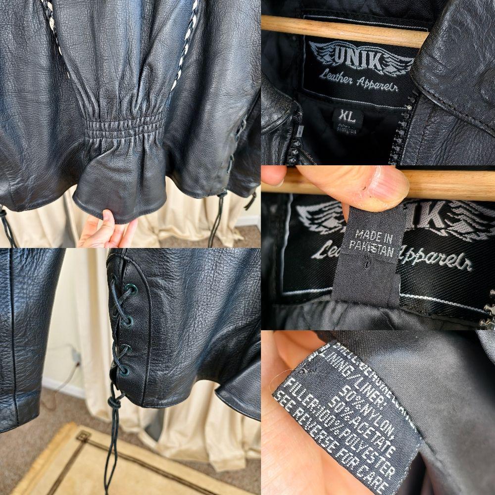 RARE Vintage UNIK Black Leather Biker Jacket with White Rose Floral Design