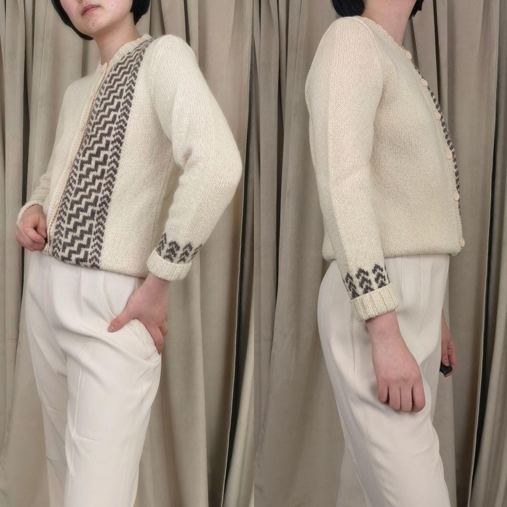 Vintage Cream and Brown Geometric Wool Sweater Cardigan
